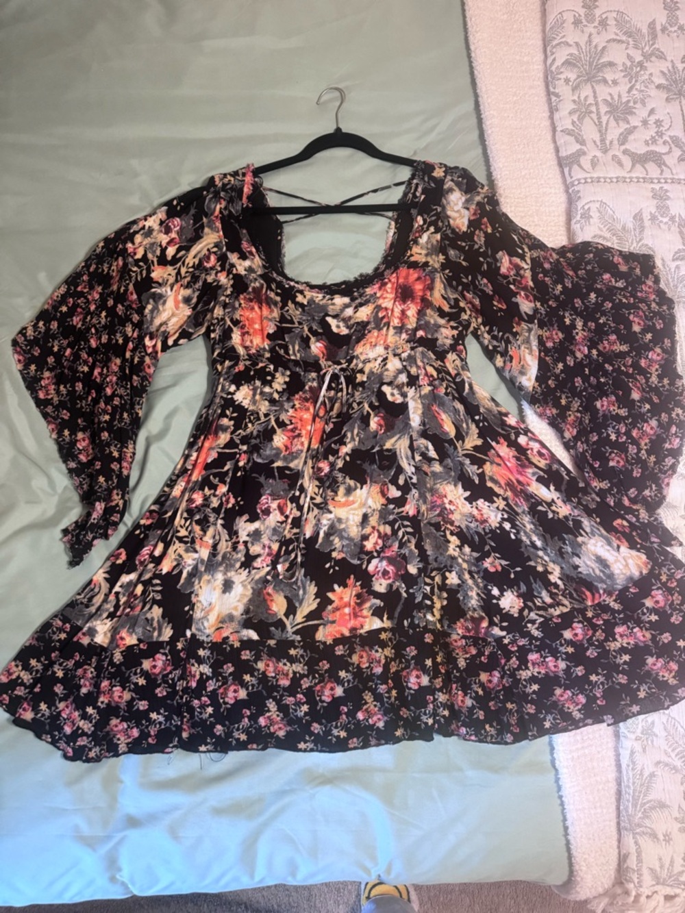 Free People Black Floral Babydoll Dress with Bell Sleeves